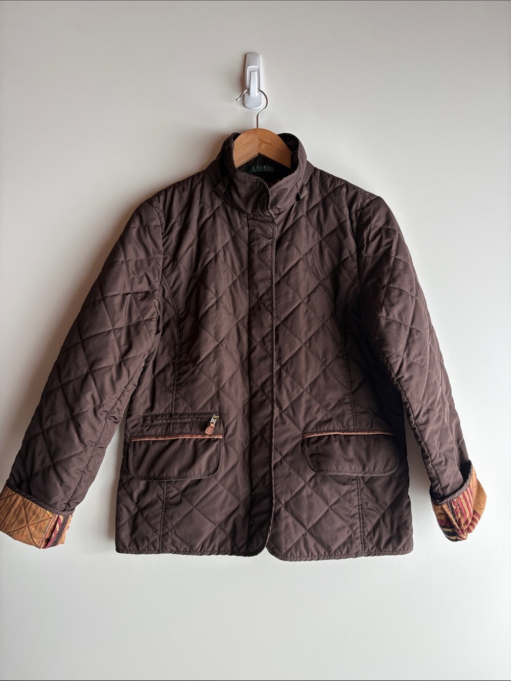 Lauren Ralph Lauren Brown Quilted Jacket M Plaid Lined Equestrian